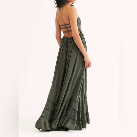 Bohemian Minimalist Summer 
Backless Maxi Dress Olive Green 
Size Small - Picture 1 of 7